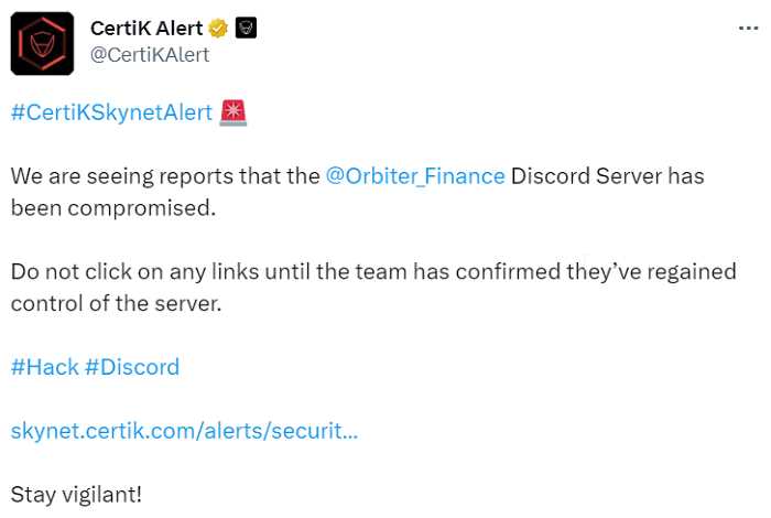 Orbiter Finance Discord Server Hacked: Team Fights to Regain Control